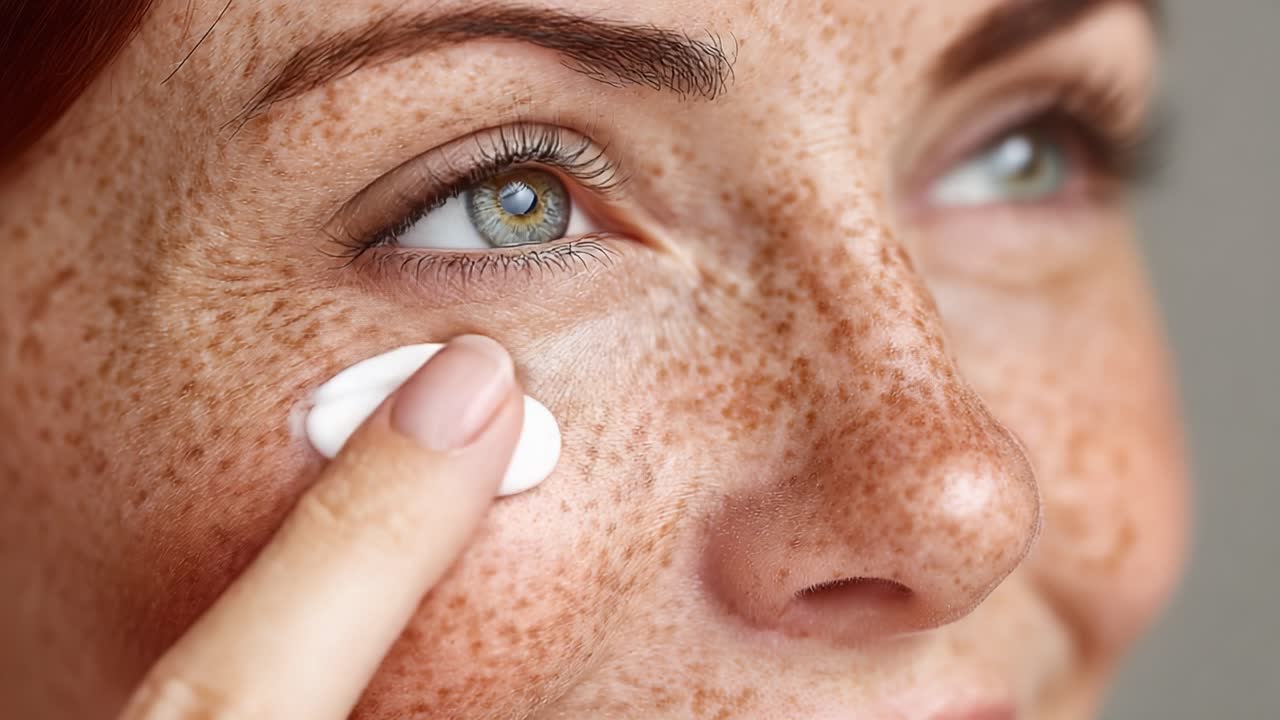 Una vista ravvicinata di una donna che applica prodotti per la cura della pelle sul viso, mostrando la sua carnagione radiosa e la sua routine di bellezza con un focus sulle lentiggini e sulla pelle luminosa.