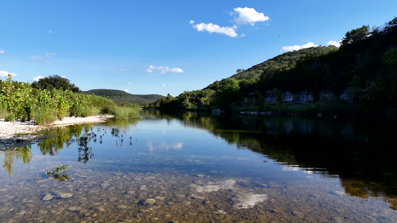 A sweeping aerial view of a river in the Texas Hill Country