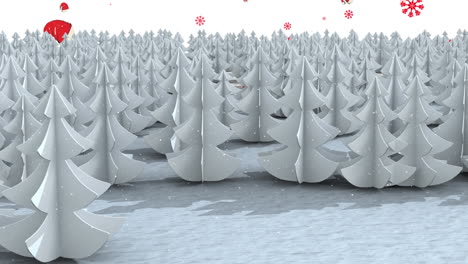 animation of snow and santa claus hats falling over white trees in forest