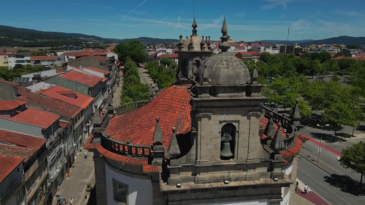 Close aerial of the domes of Senhor da Cruz Church in Barcelos, Portugal