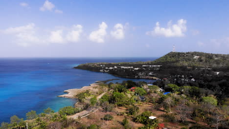 aerial panning view of a sea bay on a sunny day, travel concept