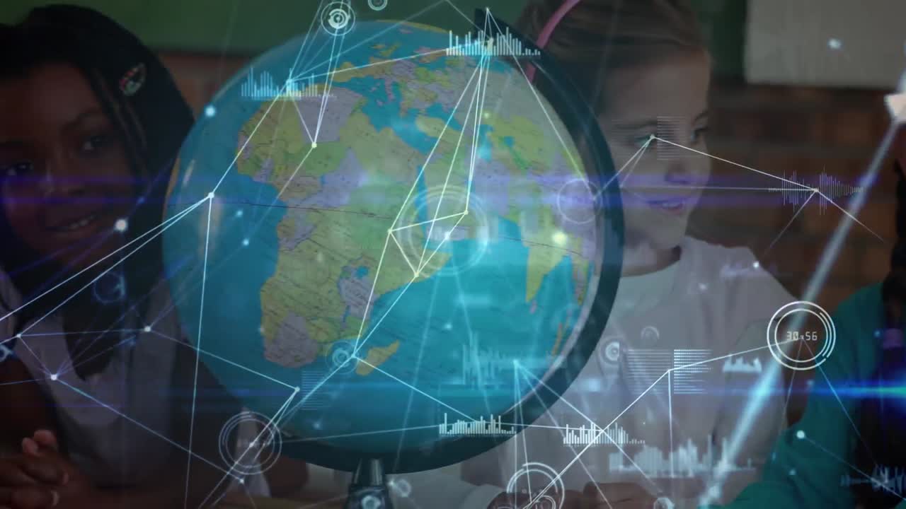 animación de redes de conexiones a través de diversos escolares que leen el mundo