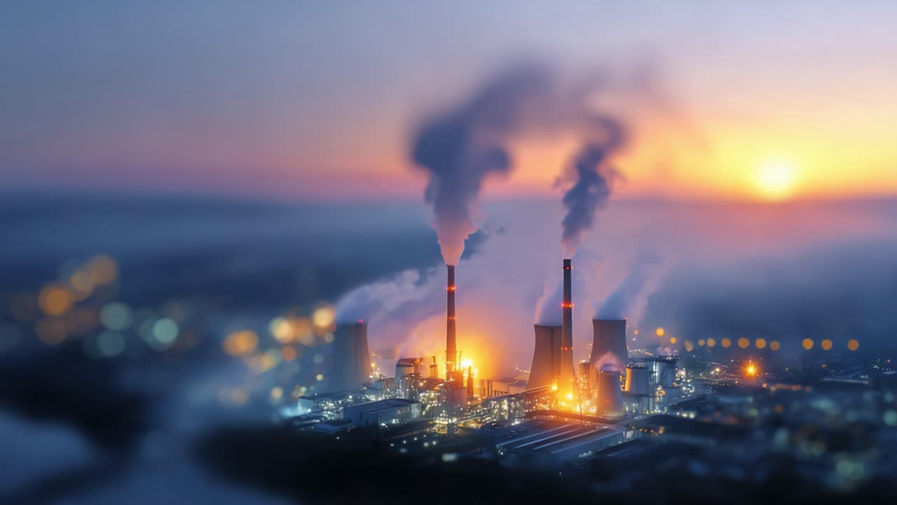 Scena industriale al crepuscolo con una centrale elettrica le cui emissioni si innalzano dalle ciminiere al tramonto, illuminando l'area circostante con un caldo bagliore e nebbia.