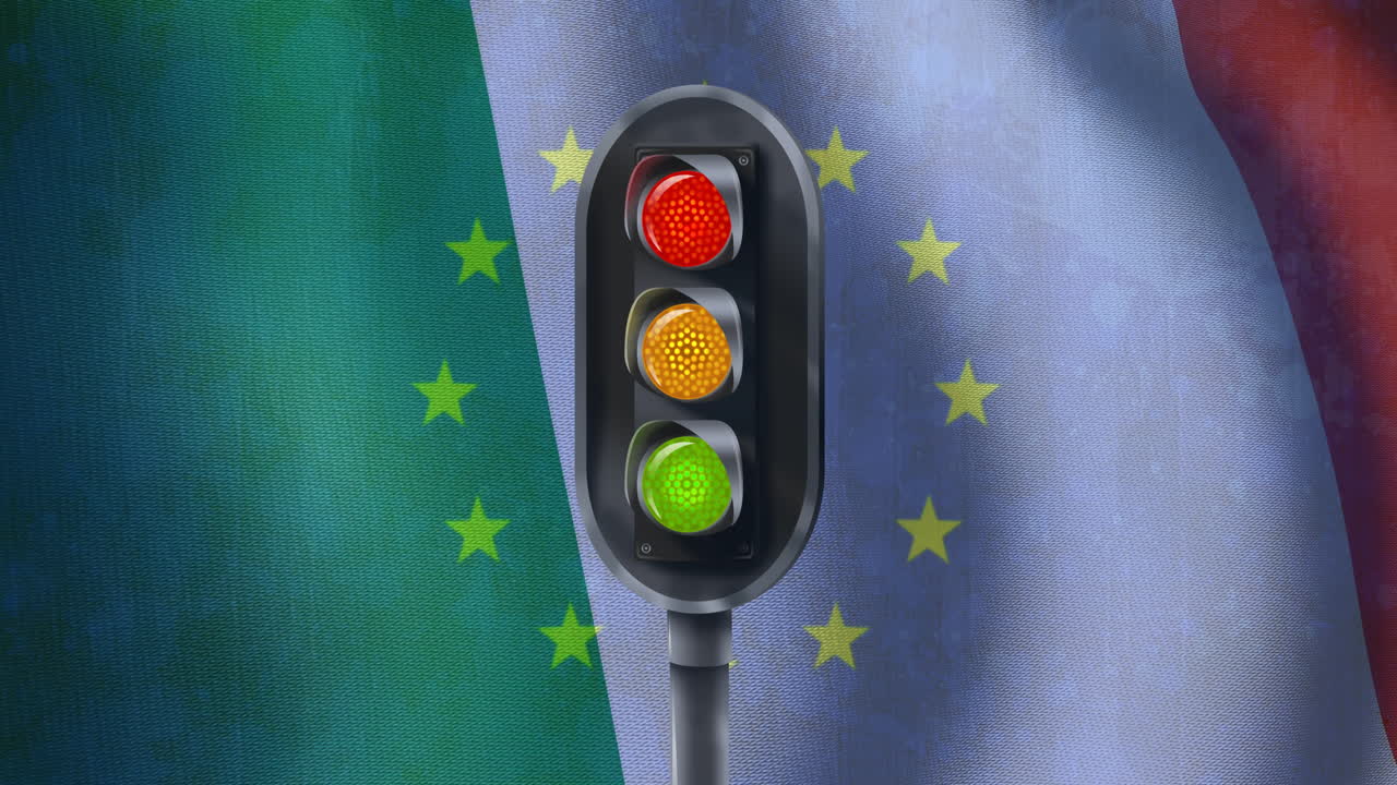 semáforo con luces rojas, amarillas y verdes animación sobre la bandera de la unión europea