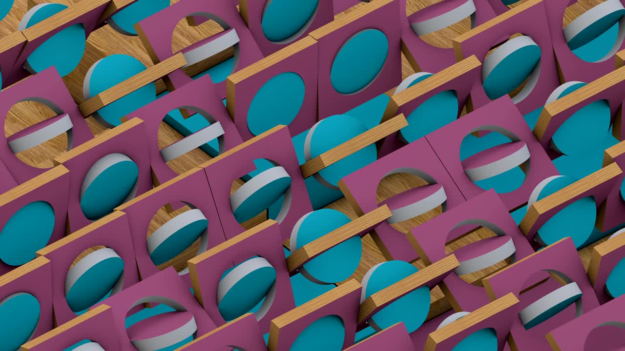 Abstract background with animation of the rotation of the mosaic of wooden square and round plates. Technological background