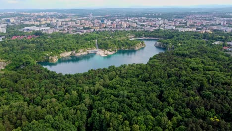 Panoramic-View-Of-Zakrzowek-Quarry-In-Krakow,-Poland---Drone-Shot