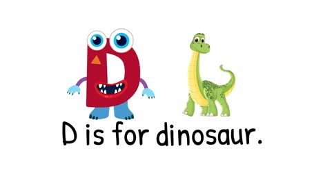 playful animation with a character 'd' and a dinosaur on a white background, illustrating the alphabet letter d