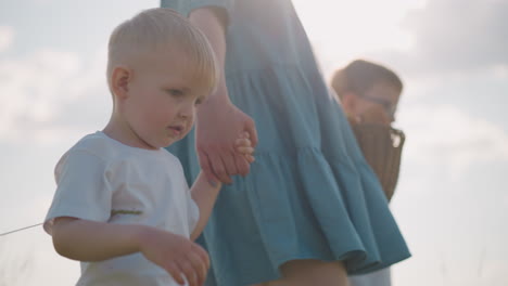 a tender moment in a field, focusing on a young boy holding his mother's hand as they walk together. the mother, wearing a blue gown, has her face out of view, while her second son is slightly blurred