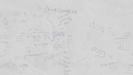 Animation-of-mathematical-equations-and-data-processing-over-white-background