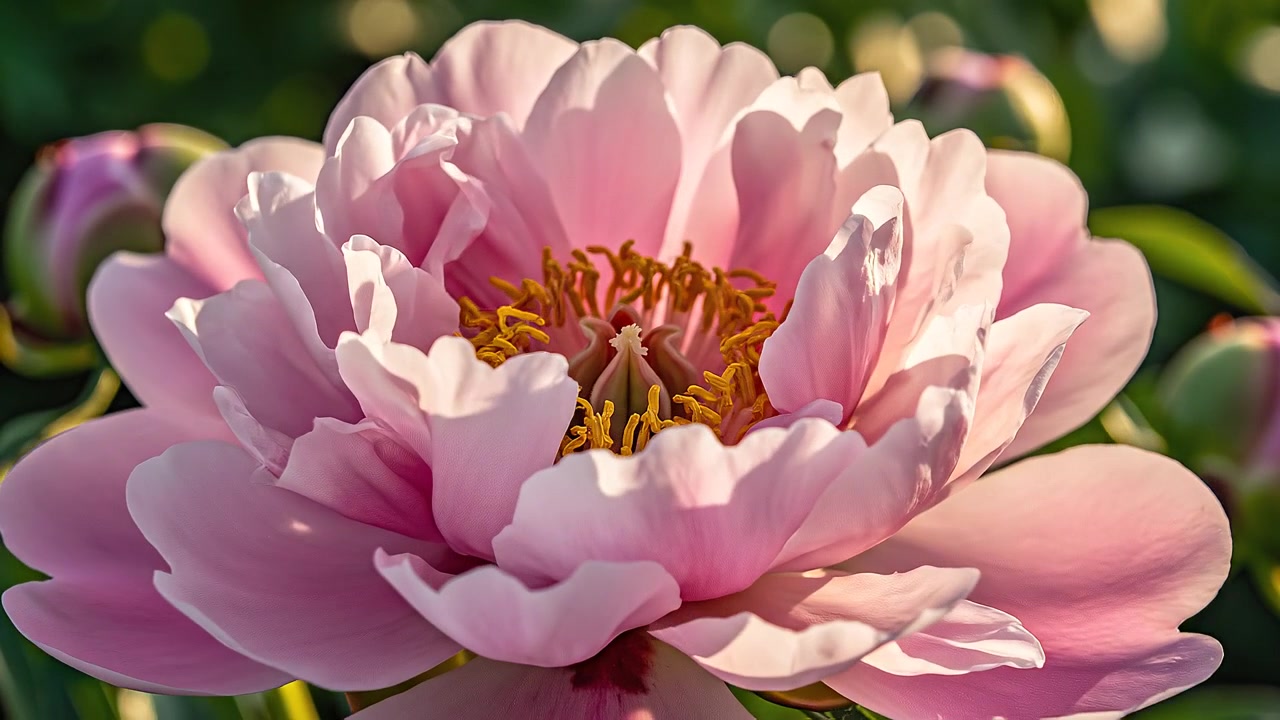 Primo piano di un bocciolo di peonia rosa che inizia a sbocciare