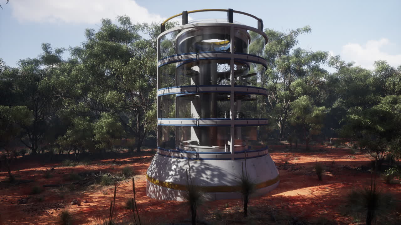 torre de vidrio futurista en un bosque