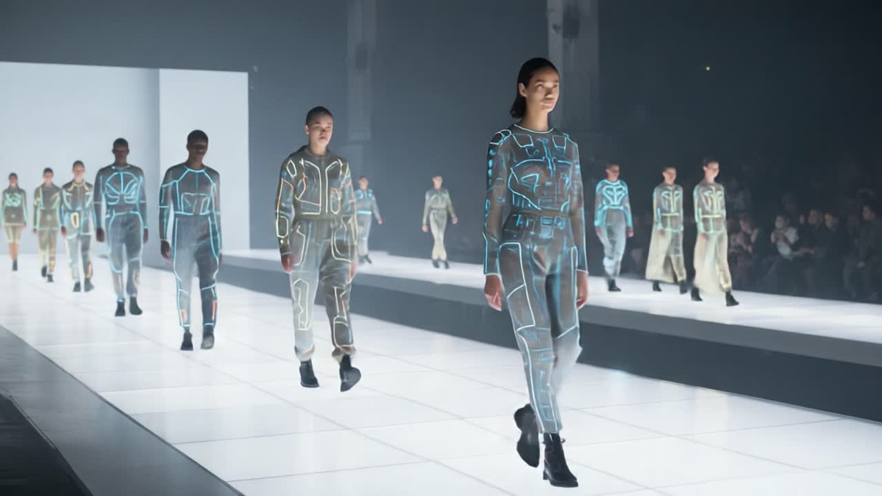 A Futuristic Fashion Show Featuring Models Wearing Innovative Outfits with Illuminated Designs on a High-Tech Runway Environment in a Captivating Atmosphere