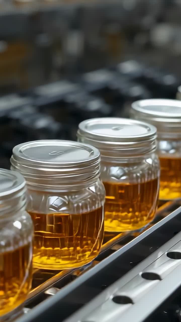 Vertical video: Plant line starting carrying screw-lidded glass jars to next station, amber liquid