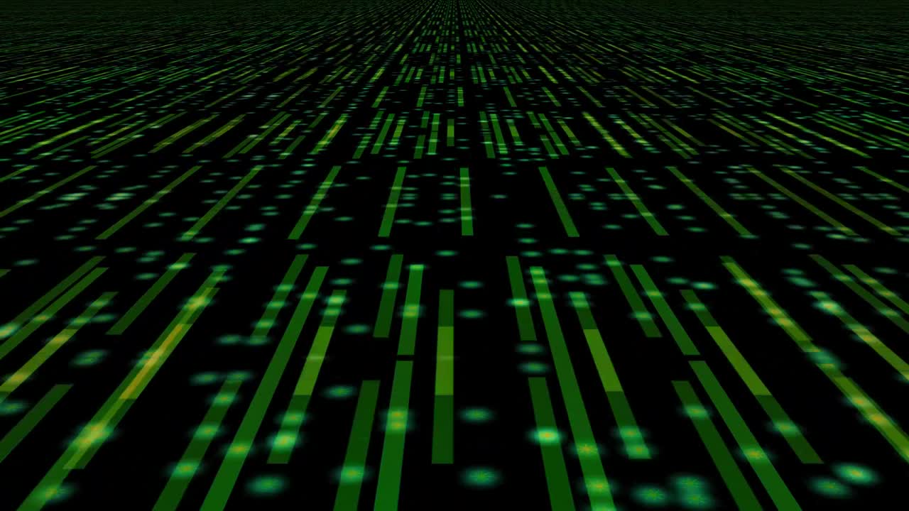 Animation of green lights and data traveling on black background