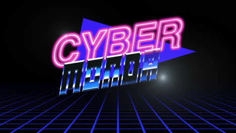 cyber monday text with retro neon triangle and grid on black gradient