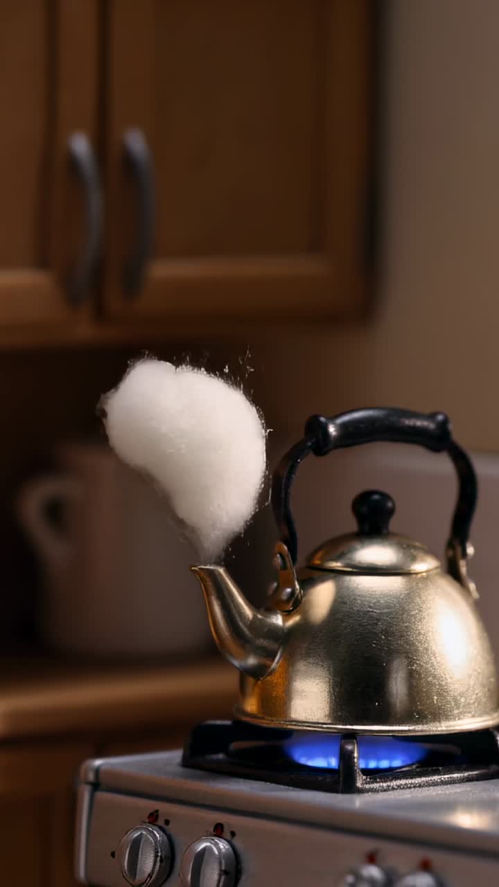 Bollitore in ottone su fiamma blu, con cotone posizionato sul beccuccio, che forma vapore scolpito per una dimostrazione in cucina.