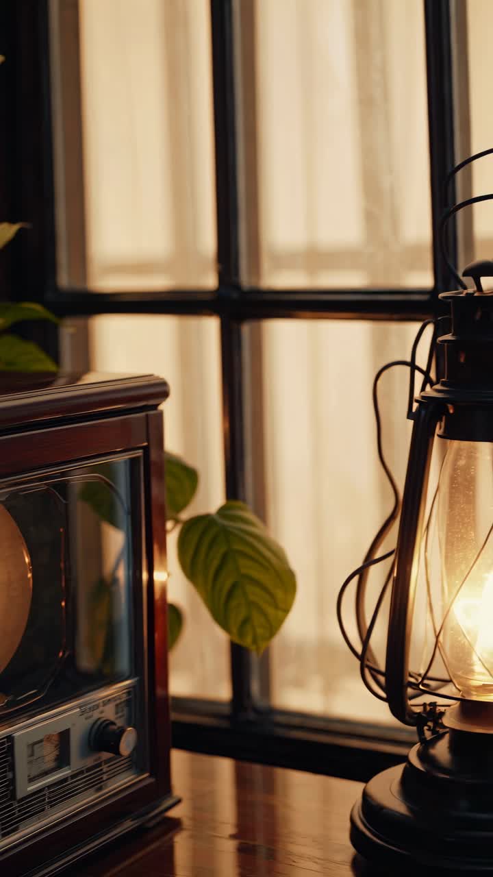 Vintage-style video still of a lantern and radio on a wooden table by a window