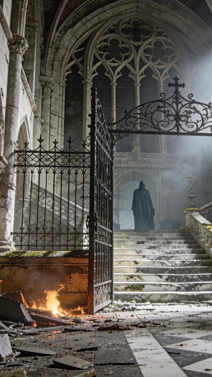Video verticale: Figura incappucciata che scende le scale in una rovina gotica, spinta da un piccolo fuoco.