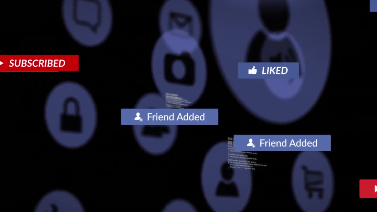 검은 바탕에 디지털 아이콘이 있는 배너에 있는 소셜 미디어 텍스트의 애니메이션