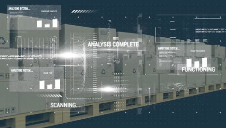 Digital-interface-with-data-processing-over-multiple-boxes-on-conveyor-belt-against-blue-background