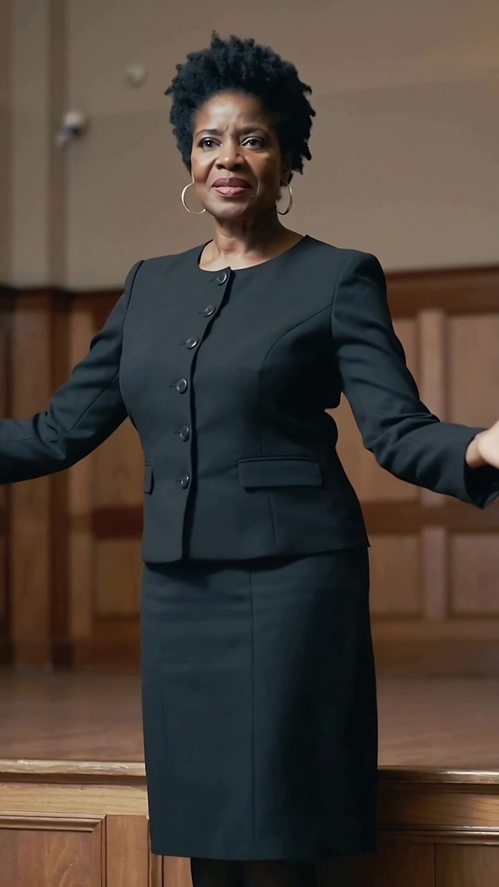 Vídeo vertical: Apresentadora de blazer e saia entrando no palco e dirigindo-se à multidão