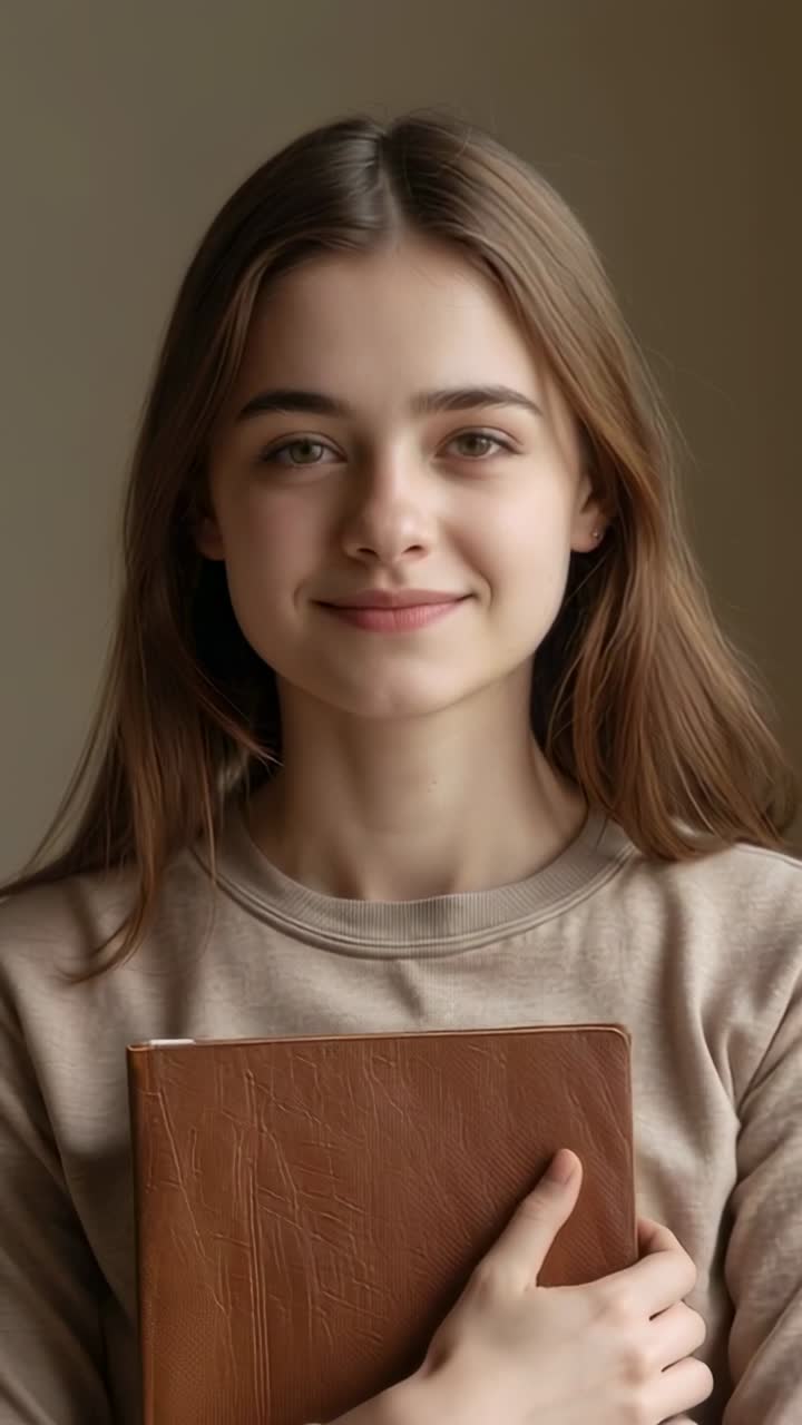 Video verticale: Adolescente che avvia la telecamera, tenendo al petto un libro di pelle marrone a casa, con una felpa beige