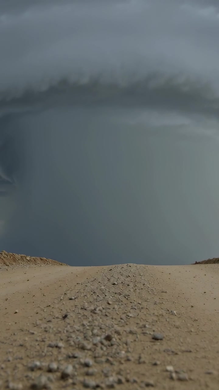 Vertical video: Showing clouds forming low dark band over sandy track in desert, signaling storm