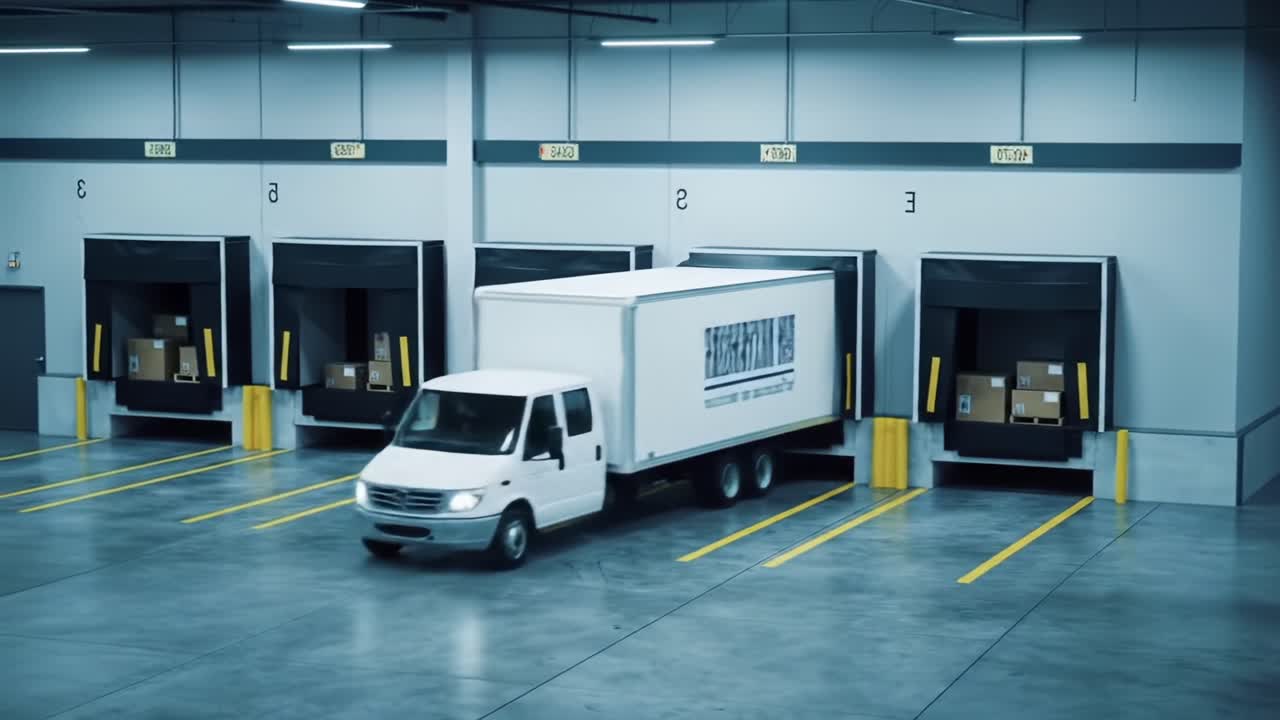 A Comprehensive Overview of a Modern Warehouse and Loading Dock System, Highlighting Efficient Logistics and Organized Inventory Management Practices
