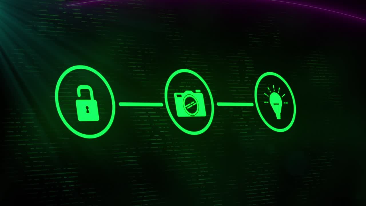 animación de iconos y procesamiento de datos sobre un fondo oscuro