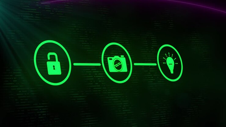 Animation of icons and data processing over dark background