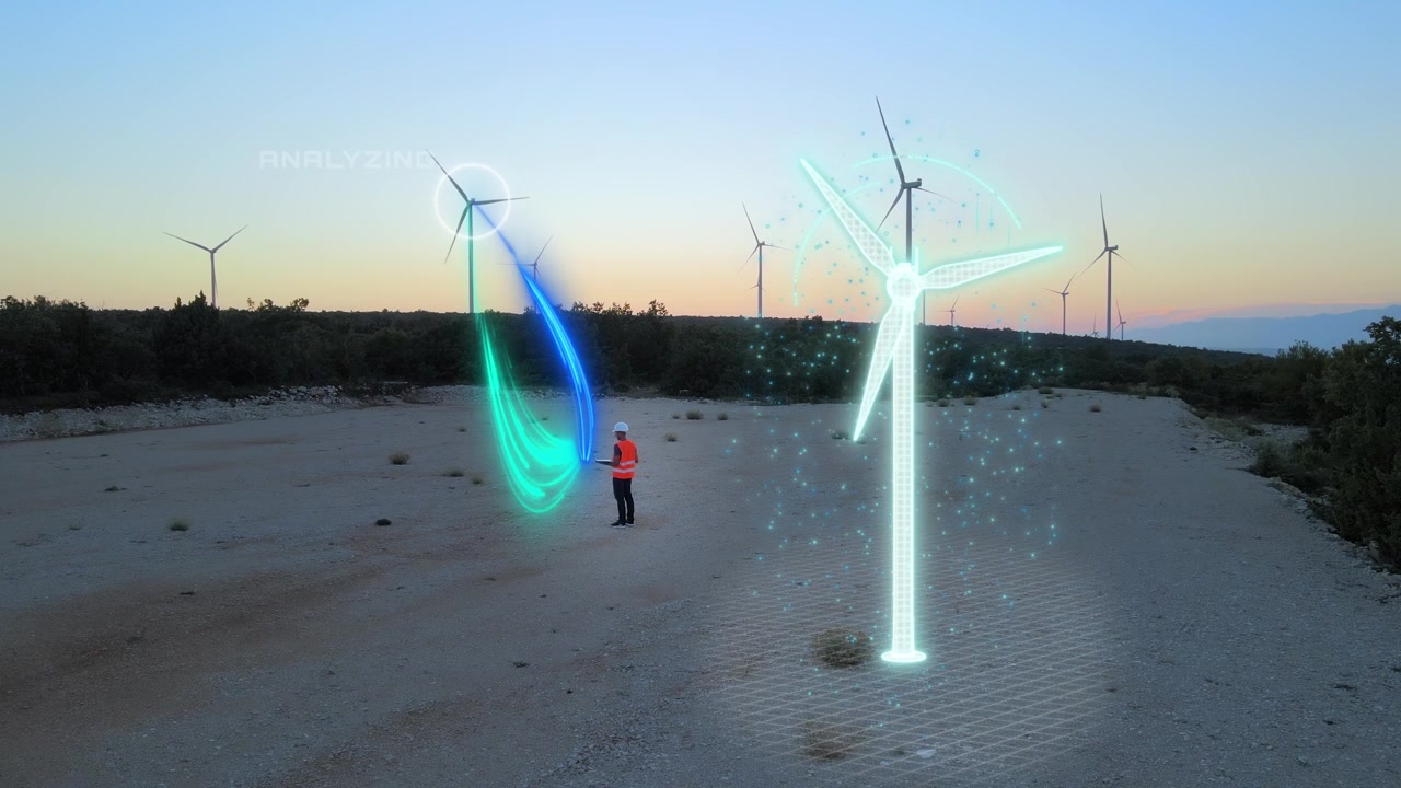 Visualizzazione futuristica di un gemello digitale di una turbina eolica, mostrata come interfaccia olografica, mentre un ingegnere interagisce con i dati di ingegneria avanzati.