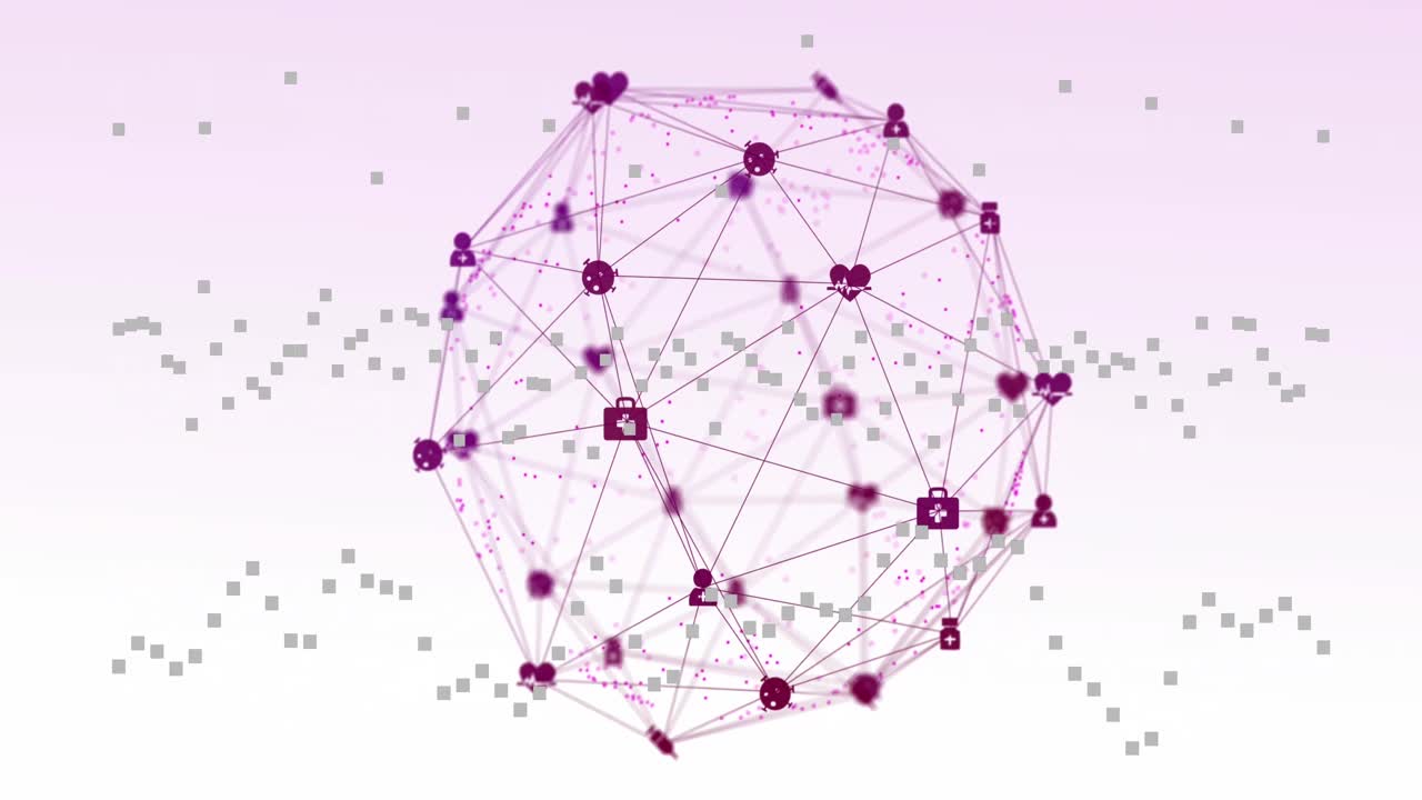 Animation of medical icons connected with lines forming globe and squares on white background