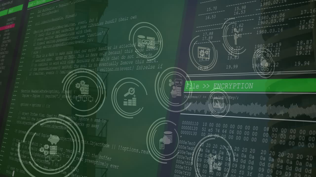 Animation of tech icons and data processing on green digital screens
