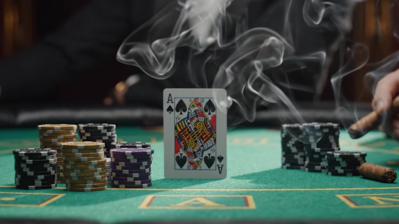 Momenti Intensi al Tavolo da Poker: La Strategia di un Giocatore si Dispiega tra Fumo e Poste in Gioco Elevate in un Ambiente di Gioco di Carte Avvincente