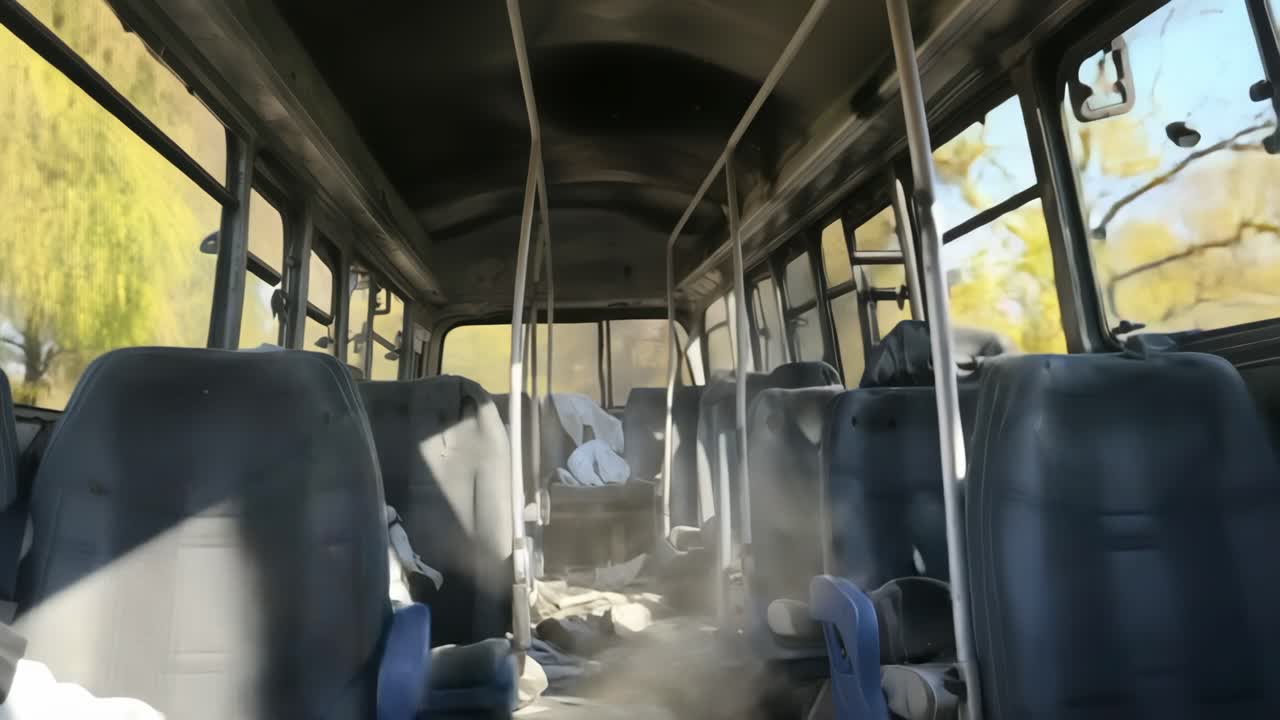 Interior of an abandoned bus showing signs of vandalism and decay, with dirty seats, broken windows, and debris scattered on the floor, evoking a sense of desolation and neglect