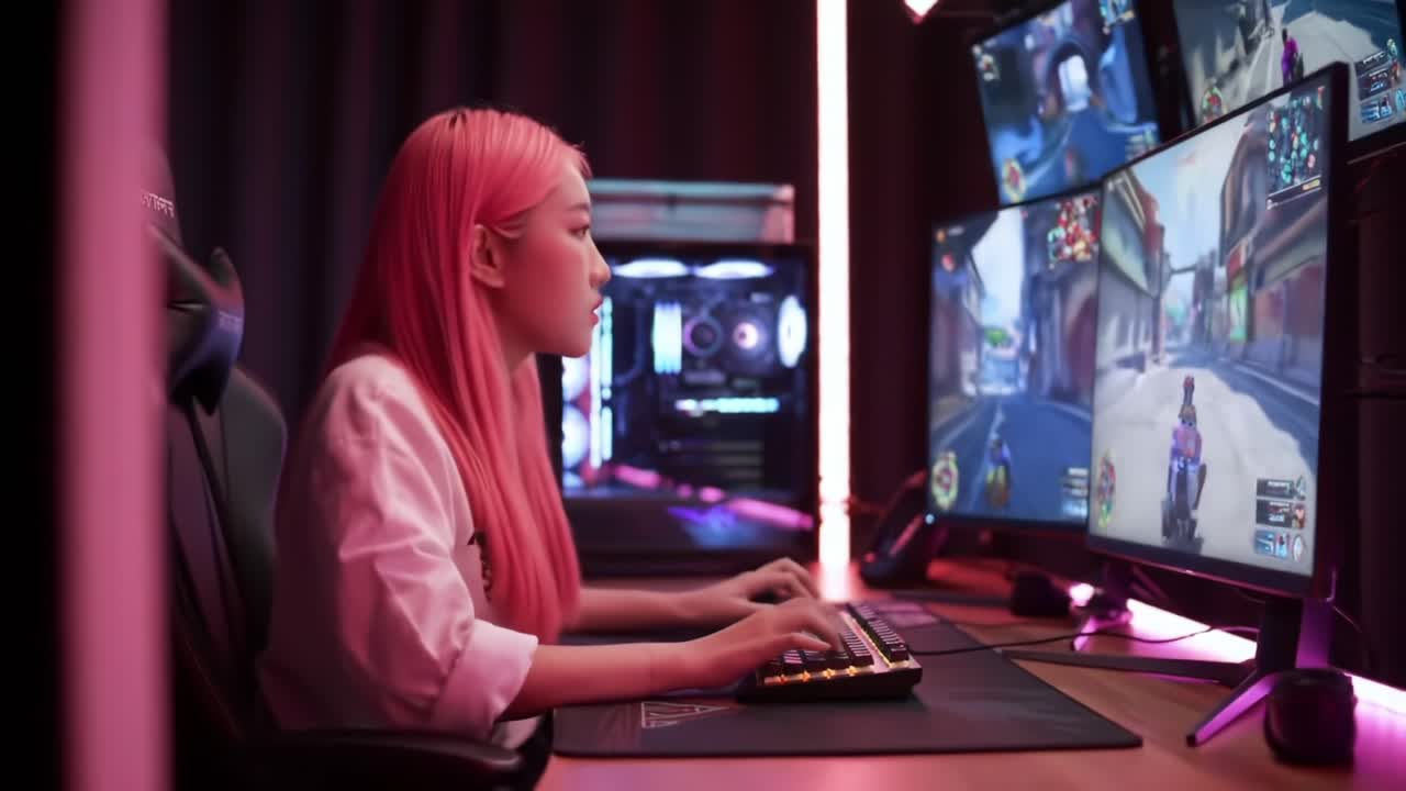 A Focused Gamer Engaged in Action-Packed Gameplay at a Multi-Monitor Setup, Highlighting Skill and Precision in a Neon Gaming Environment