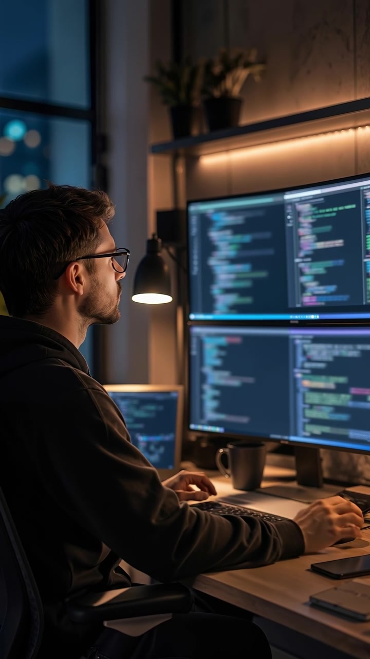 Softwarový vývojář pracující na kódu a programování v noci s několika počítačovými monitory v tmavé místnosti