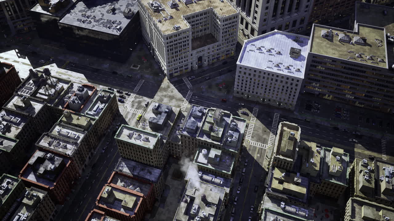 Urban landscape featuring city buildings and streets viewed from above