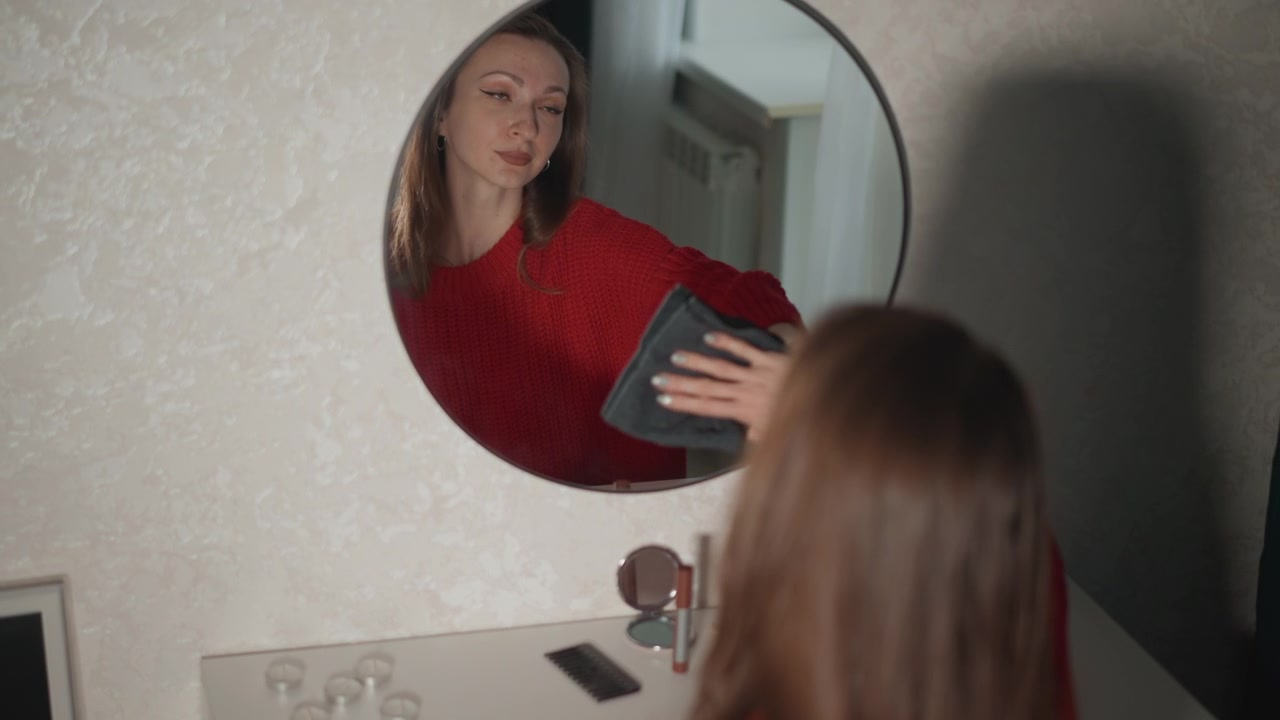 Mujer joven de pie frente al tocador, extendiéndose hacia un espejo de pared redondo mientras revisa su reflejo y gira ligeramente, creando un movimiento de aseo tranquilo en un interior de hogar luminoso con luz natural suave