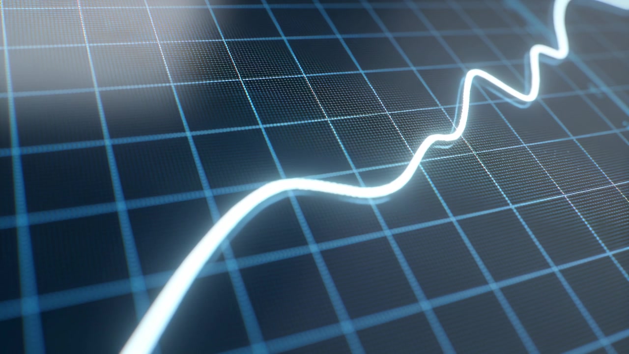 Playback starting, white waveform traveling across blue grid, visualizing signal turning noisy