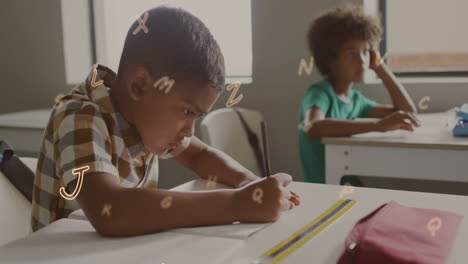 animation of letters floating over bust african american schoolboy writing at desk in class