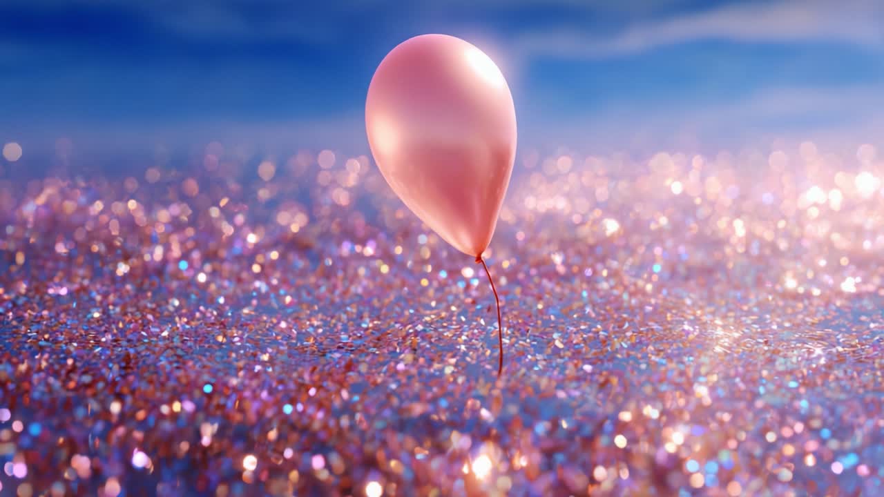 A Beautiful Pink Balloon Floating Above a Shimmering Glimmering Surface with Multicolored Glitter Sparkling Under a Blue Sky Creating a Magical and Dreamy Atmosphere