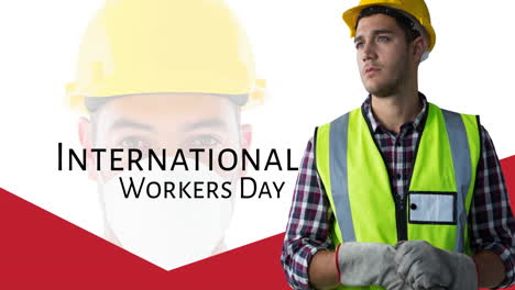 animation of caucasian male worker with face mask over international workers day text