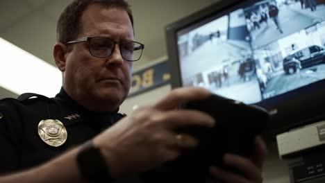 focused officer analyzing security footage on tablet inside command center, ensuring safety and monitoring activities via surveillance system