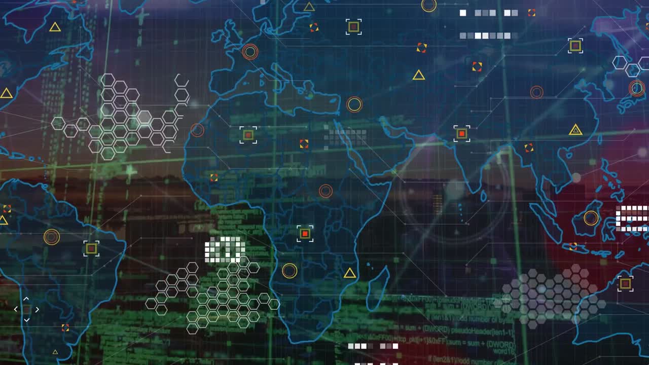 Animation of network of connections and world map over landscape