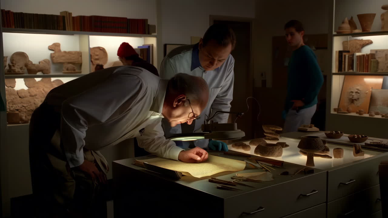 Experts Examining an Ancient Document in an Archive