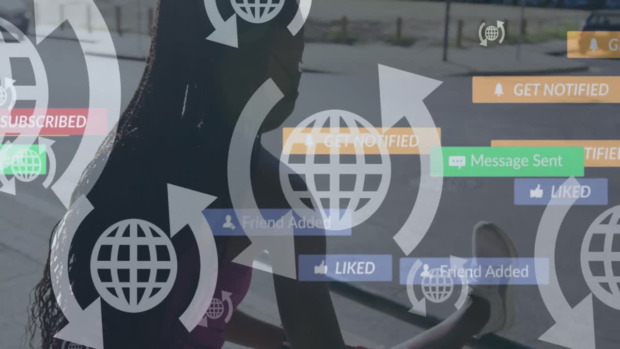 animación de globo web e iconos de redes sociales sobre mujer afroamericana en forma estirando su pierna