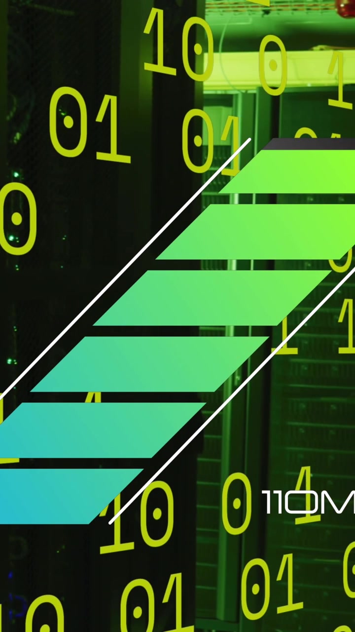 Animation of binary code over speedometer and servers in background