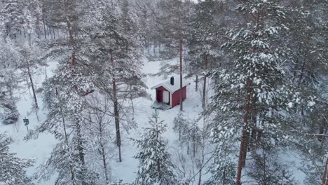 Cabin-In-The-Woods-With-Snow-Covered-Forest-During-Winter