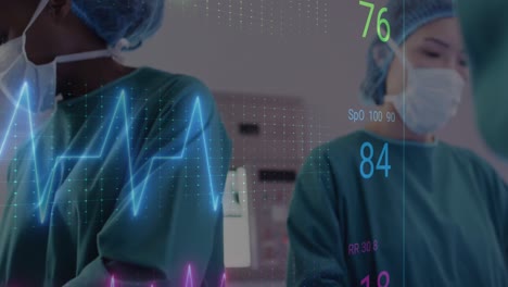 Animation-of-cardiograph-over-diverse-surgeons-operating-on-patient-at-hospital